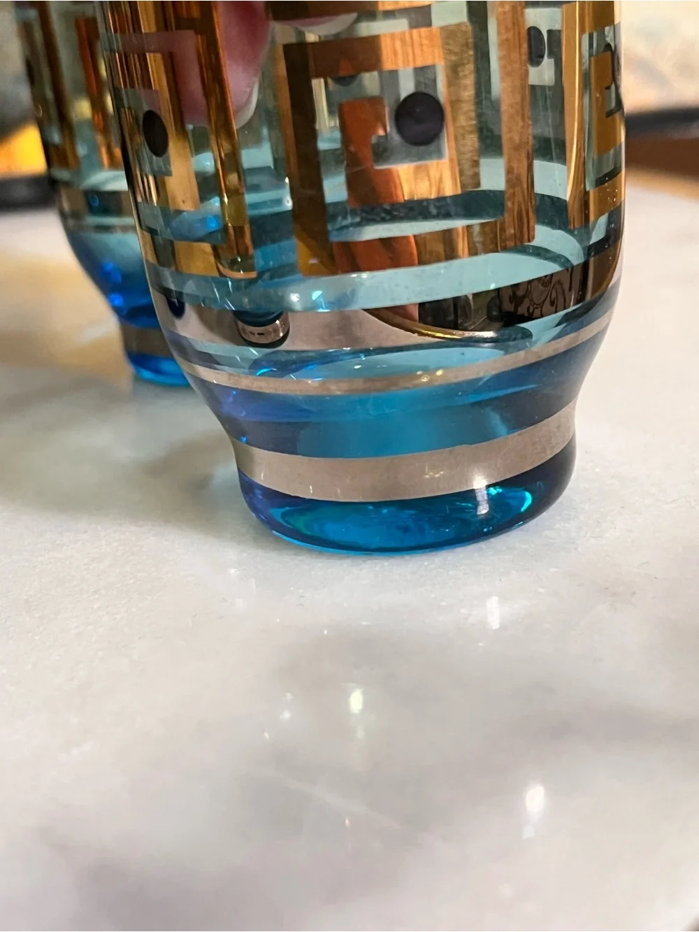 MCM style footed cocktail glasses (4) blue gold silver barware retro Greek key